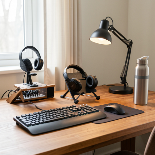 Bureau à domicile bien organisé avec clavier ergonomique, souris, support pour ordinateur portable, casque, webcam, lampe de bureau et accessoires de rangement.