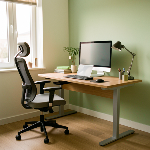Bureau de télétravail ergonomique avec chaise réglable, écran, clavier, lampe et repose-pieds dans un intérieur moderne et lumineux.