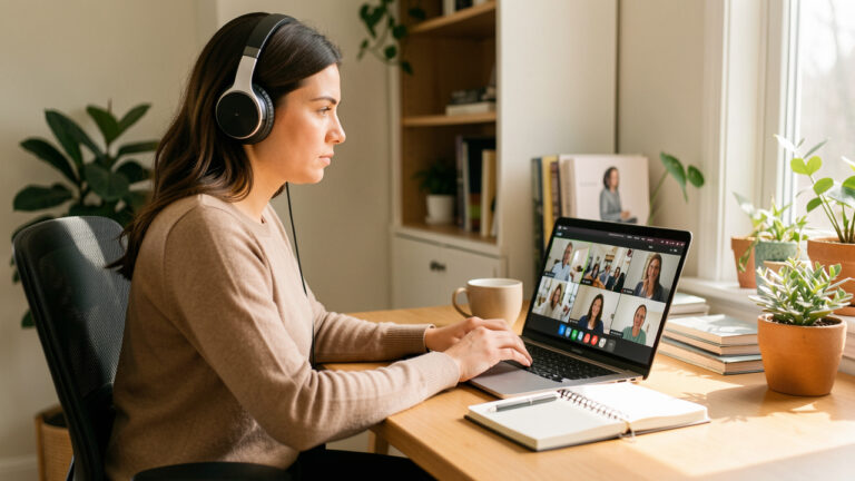 Femme concentrée portant un casque audio dans un espace de travail aménagé à domicile, devant un ordinateur portable.