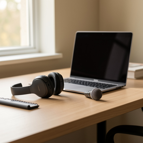 Casque audio sans fil posé sur un bureau de télétravail à côté d’un ordinateur portable et d’un microphone.