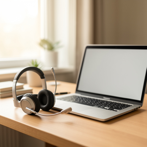 Casque audio professionnel avec microphone posé sur un bureau de télétravail à côté d’un ordinateur portable.