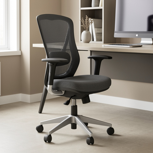 Chaise de bureau ergonomique gris foncé avec dossier en mesh, soutien lombaire et accoudoirs réglables dans un espace de travail moderne