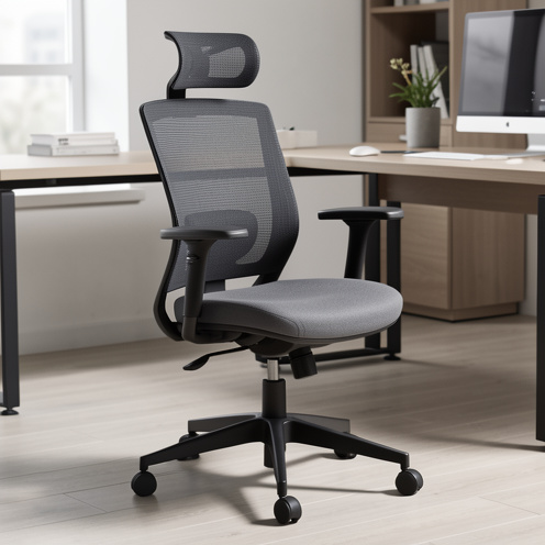 Chaise de bureau ergonomique noire et grise avec dossier en maille, assise rembourrée, accoudoirs réglables et soutien lombaire.
