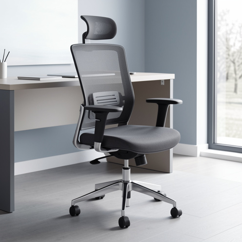Chaise de bureau ergonomique moderne avec dossier en mesh, soutien lombaire réglable, accoudoirs et base à roulettes dans un espace de travail lumineux.