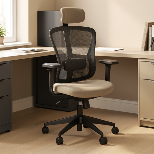 Chaise de bureau ergonomique abordable avec soutien lombaire réglable, dossier en maille respirante, accoudoirs ajustables et base stable dans un bureau moderne.