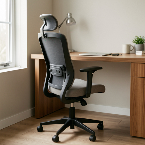 Chaise de bureau ergonomique réglable installée dans un espace de télétravail lumineux et ordonné.
