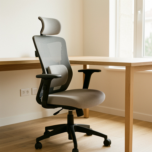 Chaise de télétravail ergonomique et confortable installée dans un bureau moderne et lumineux.