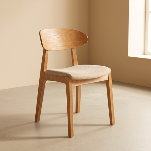 Chaise ergonomique en bois naturel avec dossier courbé et assise tissée, présentée dans un intérieur minimaliste.