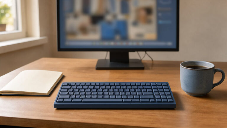 Clavier mécanique aux touches vierges posé sur un bureau de télétravail organisé, avec un carnet, une tasse de café et un écran flou en arrière-plan.