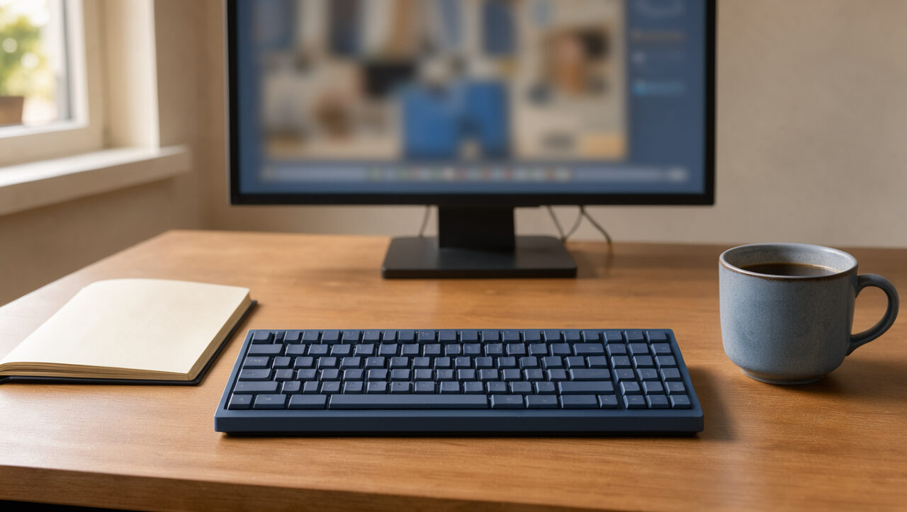 Clavier mécanique aux touches vierges posé sur un bureau de télétravail organisé, avec un carnet, une tasse de café et un écran flou en arrière-plan.