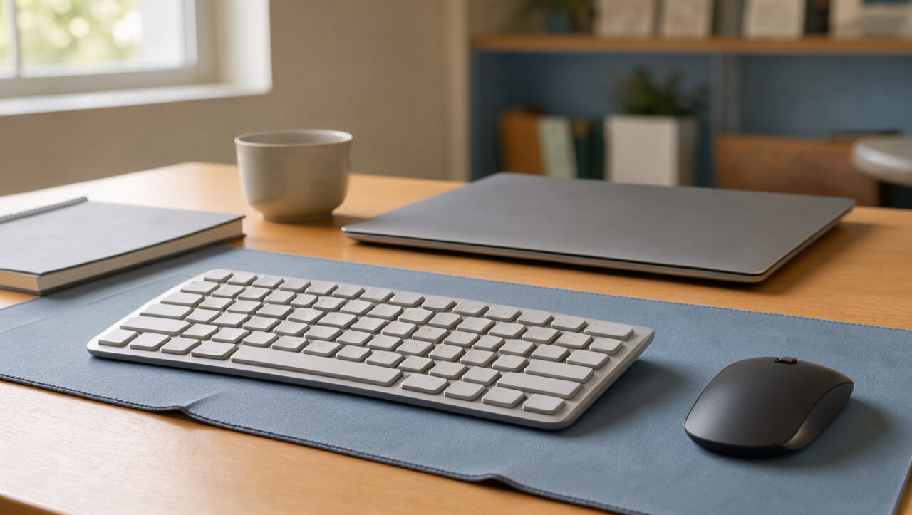 Clavier sans fil ergonomique et souris disposés sur un bureau moderne dans un espace de télétravail lumineux.