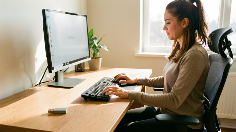 Clé USB sans marque posée près d’un poste de télétravail ergonomique, avec une femme ajustant son écran et organisant son clavier, sa souris et son fauteuil.