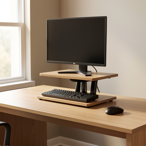 Convertisseur de bureau assis-debout réglable installé sur un bureau en bois dans un espace de travail moderne.