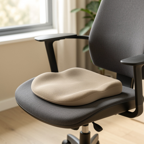 Coussin ergonomique en mousse à mémoire de forme installé sur une chaise de bureau moderne dans un espace de travail lumineux.