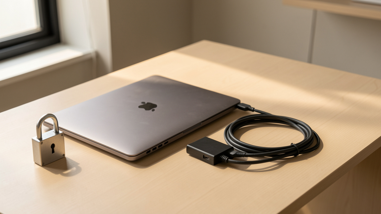 Disque dur externe compact posé à côté d’un ordinateur portable fermé sur un bureau de télétravail minimaliste et bien organisé.