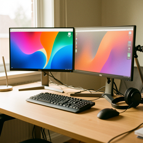 Installation de télétravail avec deux écrans côte à côte, clavier ergonomique, souris, lampe et câbles bien organisés sur un bureau moderne.
