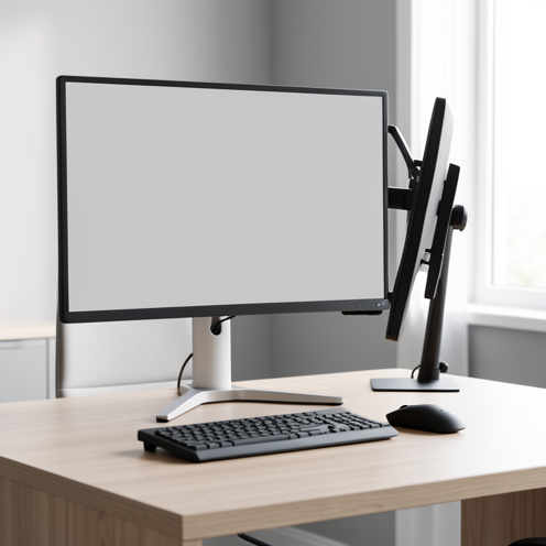 Écran de bureau ergonomique sur un bureau moderne, avec support réglable en hauteur, inclinaison, rotation et écran vierge.