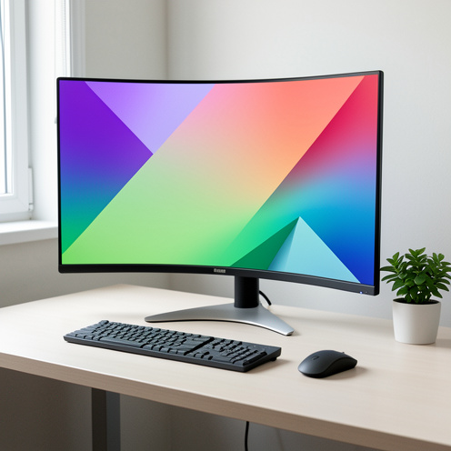Écran d’ordinateur incurvé installé sur un bureau minimaliste dans un espace de télétravail lumineux, avec clavier, souris ergonomique et plante verte.