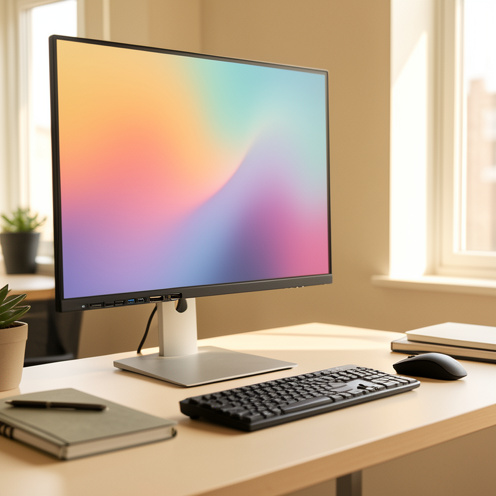Moniteur informatique moderne posé sur un bureau de télétravail, avec écran mat, clavier, souris et connectique arrière visible.