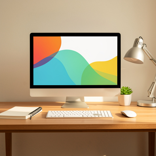 Écran d’ordinateur moderne installé sur un bureau de télétravail bien organisé, avec clavier, souris, lampe et plante verte.