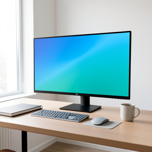 Écran d’ordinateur ultrawide posé sur un bureau moderne dans un espace de télétravail lumineux, avec clavier, souris, carnet et tasse de café.