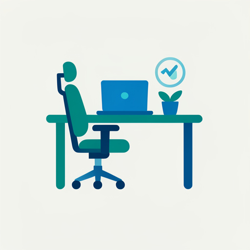 Icône minimaliste représentant un poste de télétravail ergonomique avec un bureau, une chaise, un ordinateur portable et une plante.