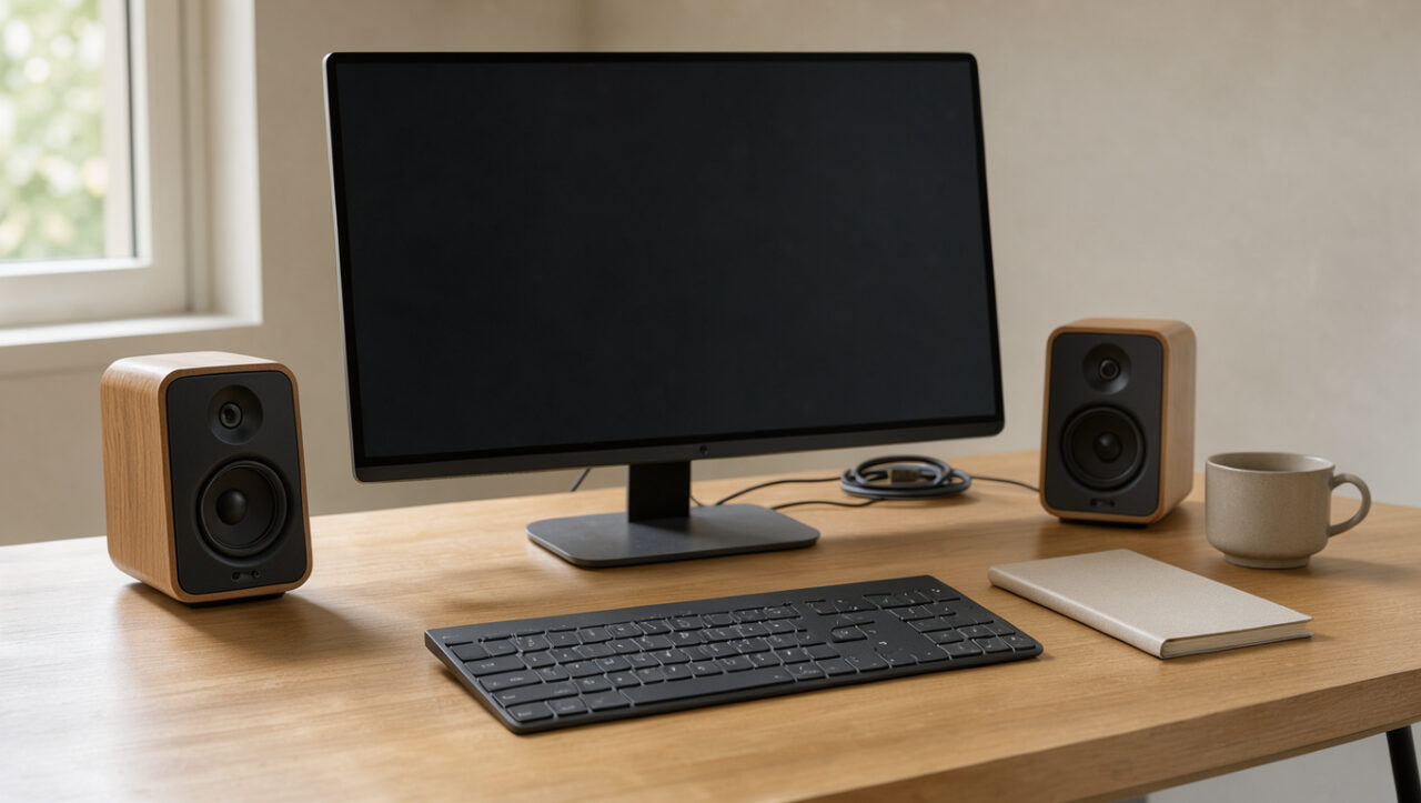 Deux enceintes compactes installées sur un bureau de télétravail soigné, près d’un écran, d’un clavier et d’un carnet.
