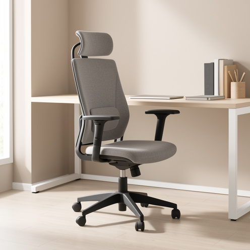 Fauteuil de bureau ergonomique rembourré avec appui lombaire, accoudoirs réglables et roulettes, présenté dans un espace de travail moderne et lumineux.