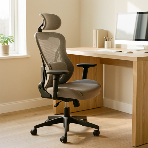 Fauteuil ergonomique installé dans un espace de télétravail moderne et lumineux, avec dossier galbé, accoudoirs réglables et soutien lombaire.
