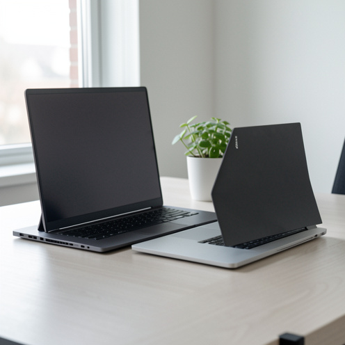 Deux écrans portables sont installés à côté d’un ordinateur fin sur un bureau moderne et lumineux, illustrant une configuration de travail flexible.
