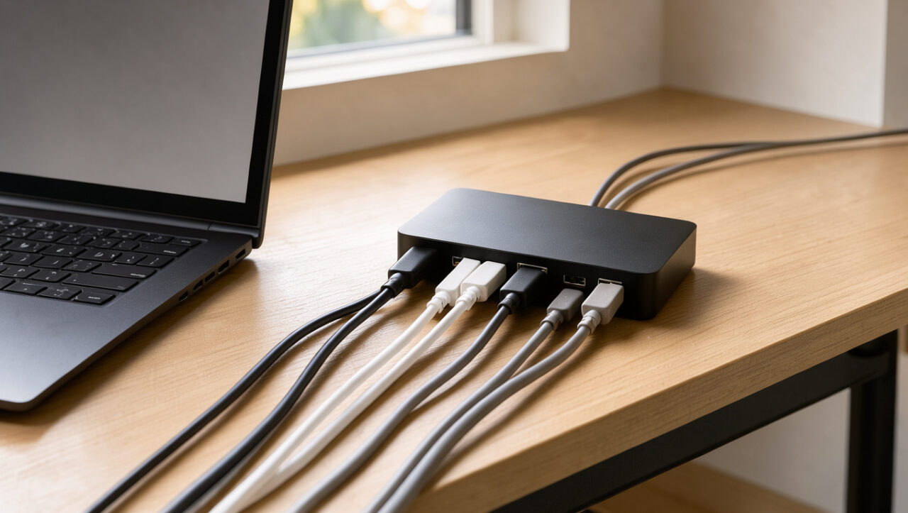 Hub USB compact organisant proprement plusieurs câbles sur un bureau de télétravail lumineux.