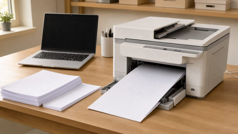 Imprimante multifonction installée dans un bureau à domicile bien organisé, avec des feuilles vierges et des documents soigneusement empilés.