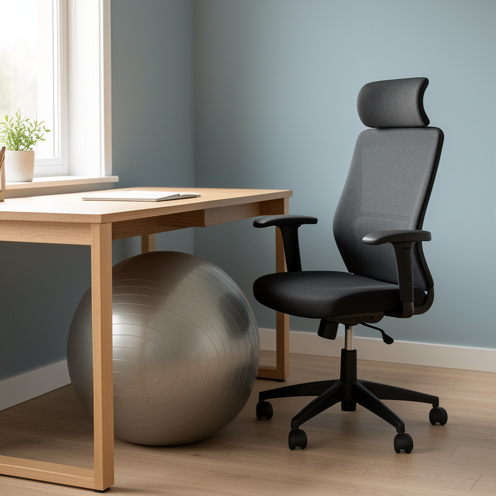 Ballon ergonomique bleu utilisé comme siège devant un bureau moderne et minimaliste.