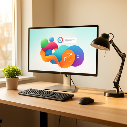 Écran moderne installé sur un bureau ergonomique et lumineux pour le télétravail, avec clavier, souris, lampe et plante verte.