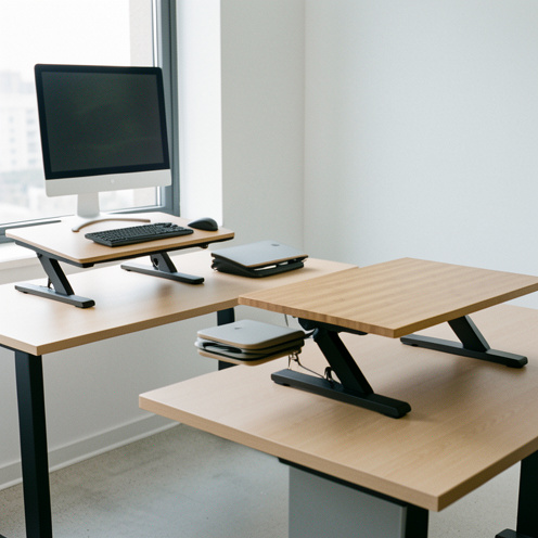 Trois convertisseurs de bureau assis-debout présentés sur des bureaux modernes, avec différents formats et niveaux de hauteur.