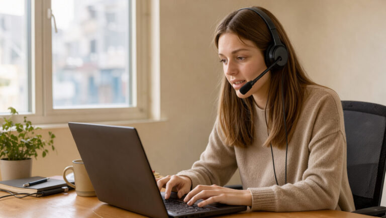 Femme concentrée dans un bureau à domicile, portant un micro-casque pendant son télétravail.