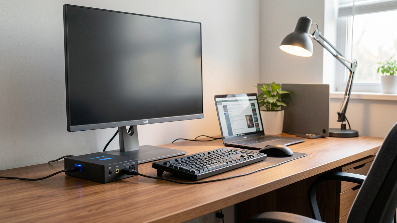 Onduleur installé dans un bureau à domicile pour protéger un ordinateur, un écran, un routeur et une lampe contre les coupures de courant.