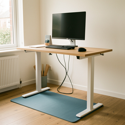 Installation ergonomique d’un poste de travail debout avec bureau réglable en hauteur, écran, clavier, souris et tapis antifatigue dans un bureau lumineux.