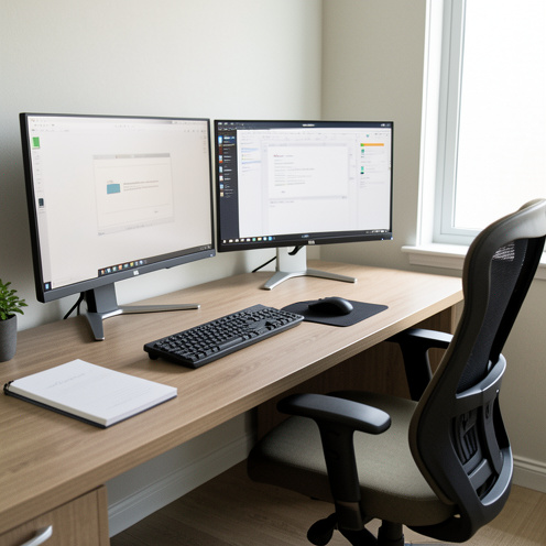 Bureau à domicile avec deux écrans d’ordinateur de tailles différentes, aménagé pour le télétravail.