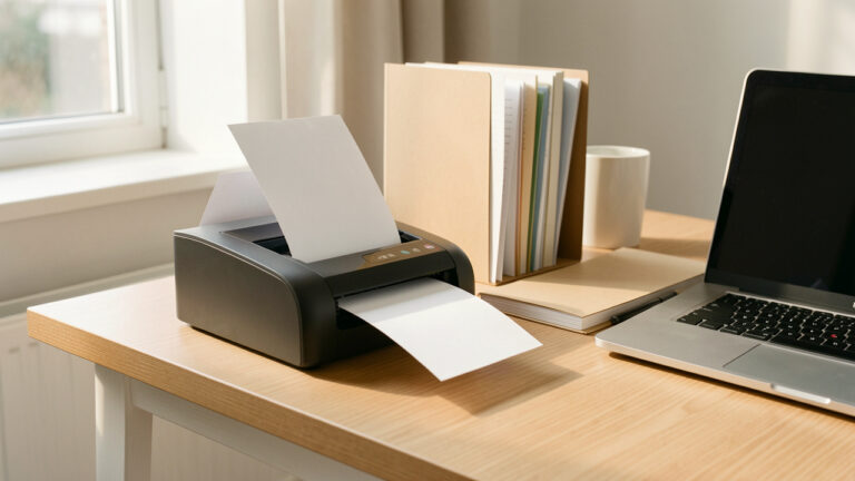 Scanner compact installé sur un bureau à domicile, numérisant des feuilles vierges à côté de dossiers soigneusement organisés et d’un ordinateur portable.