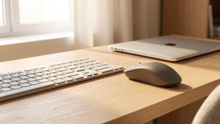 Souris sans fil ergonomique posée sur un bureau aménagé pour le travail à domicile, avec un clavier et un ordinateur portable en arrière-plan.
