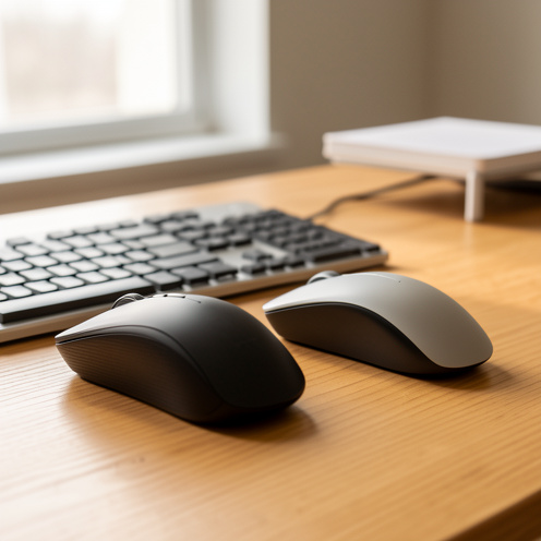 Deux souris sans fil ergonomiques de formes différentes disposées sur un bureau moderne avec un clavier, dans une ambiance de travail lumineuse.