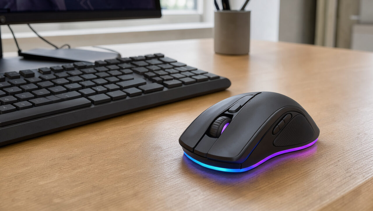 Souris gamer ergonomique posée sur un bureau moderne de télétravail, éclairée par une lumière bleue et violette.
