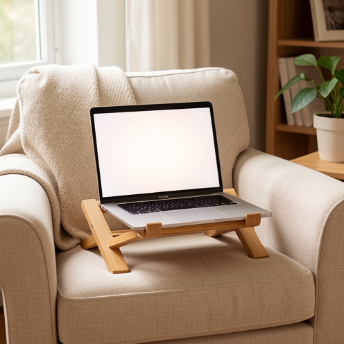 Support ergonomique pour ordinateur portable posé sur un fauteuil, avec plusieurs modèles en bambou et en aluminium présentés dans un intérieur chaleureux.