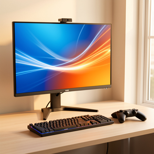 Écran gaming moderne installé sur un bureau ergonomique avec clavier, souris et manette, dans une ambiance adaptée au travail et aux loisirs.
