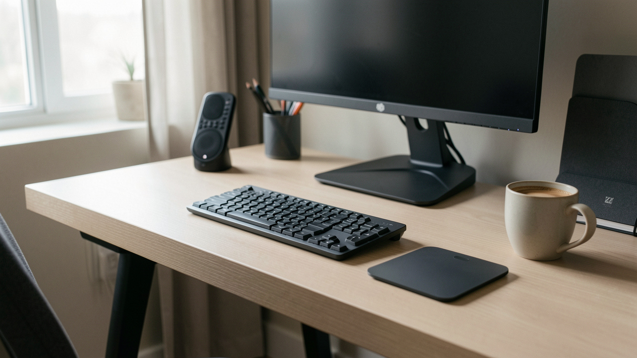 Espace de télétravail moderne et ergonomique avec un trackpad sans fil, un clavier compact et des accessoires de bureau soigneusement disposés.
